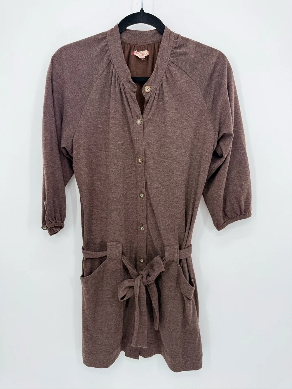 Free People M Brown Heathered Knit Button Front Tie Waist Mini Dress Western
